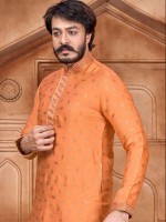 Saffron Jacquard Silk Kurta Pajama